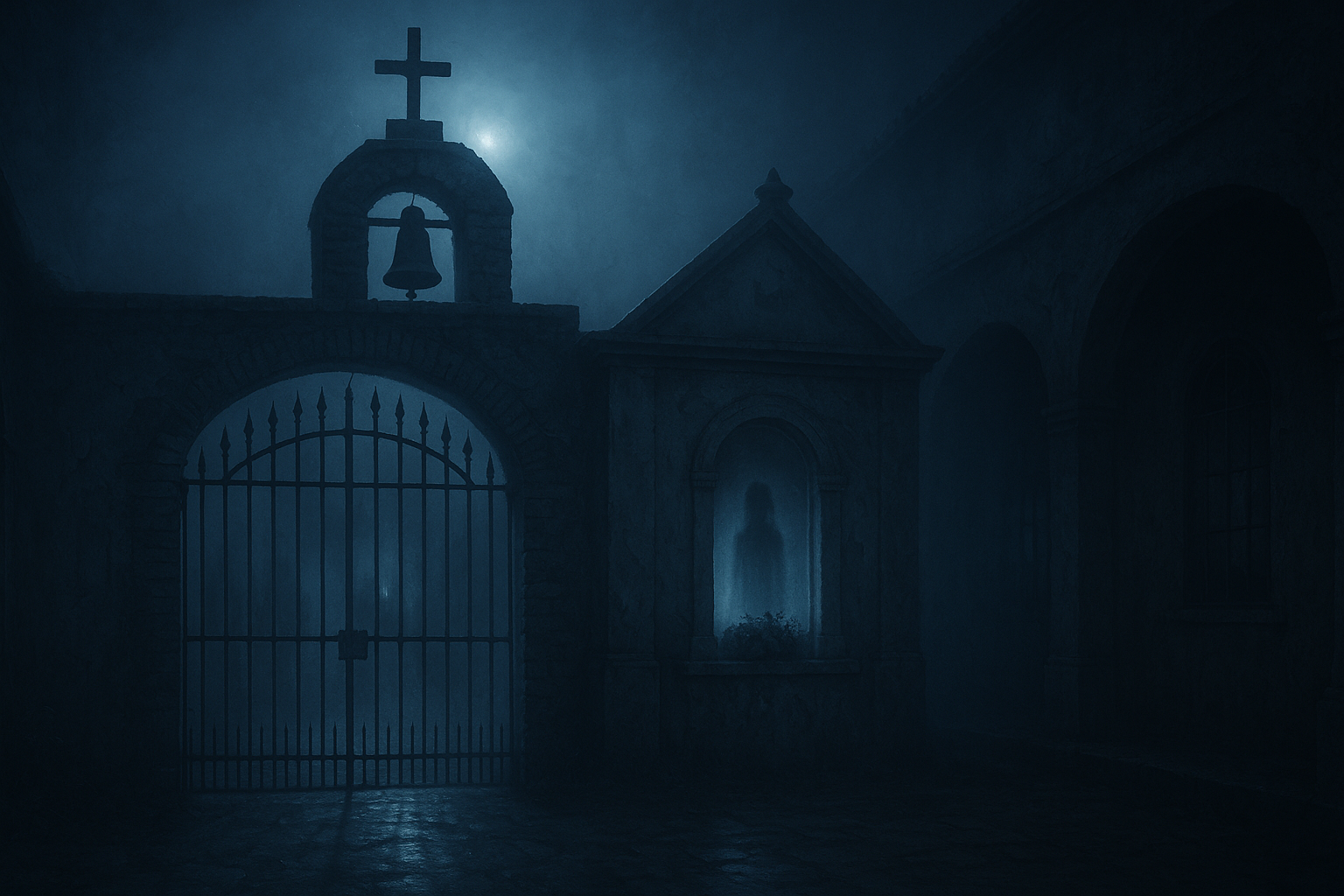Vista nocturna del Hospicio Santa Lucía, un edificio antiguo con portón de hierro y una capilla iluminada por la luna, rodeado de neblina azul y sombras difusas. Imagen de atmósfera tétrica y misteriosa, estilo cinematográfico de terror.