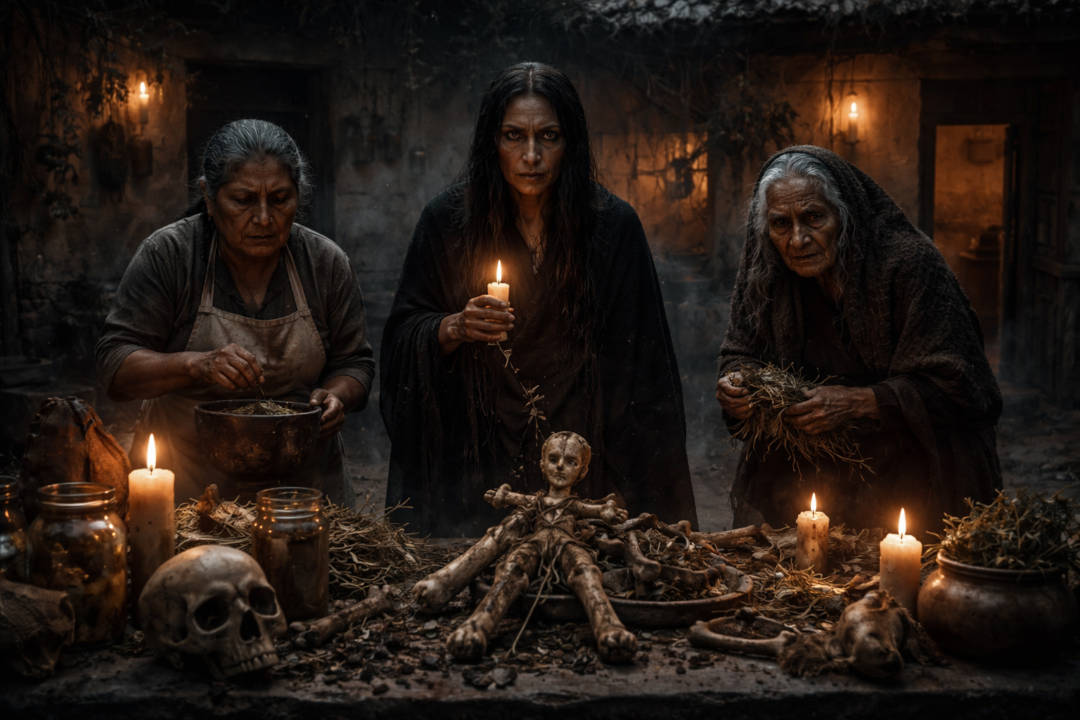 historia de terror - Tres mujeres de brujería observan el patio mientras la joven entierra la figura de iniciación