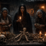 historia de terror - Tres mujeres de brujería observan el patio mientras la joven entierra la figura de iniciación