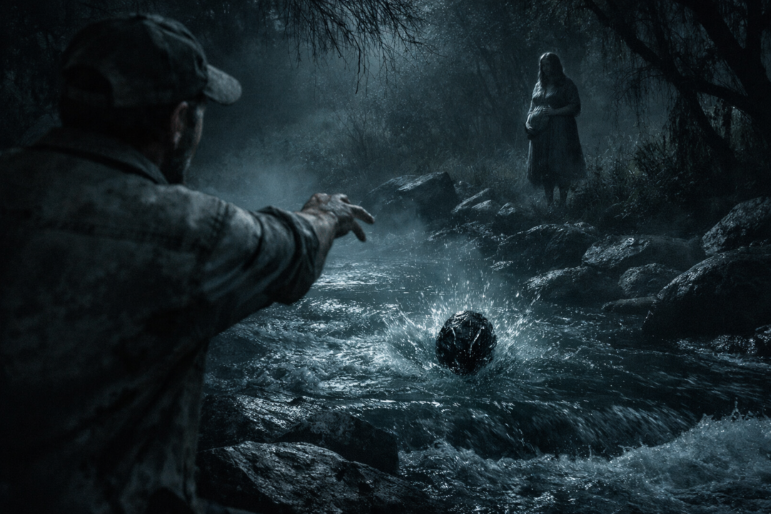 historia de terror - Piedra negra del río colocada en la repisa de la casa con un brillo oscuro