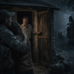 rasguños en la puerta - Coyote que acecha junto a la casa de adobe en el monte