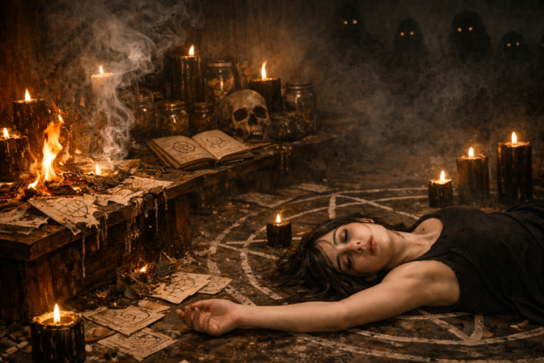 Escena del ritual de visión con velas negras en la habitación